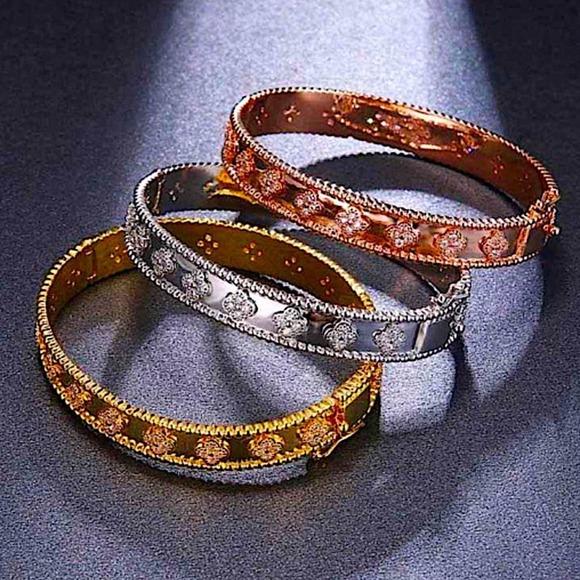 Platinum Four Leaf Clover Bangle Bracelet Matching Ring Set - Picture 5 of 9